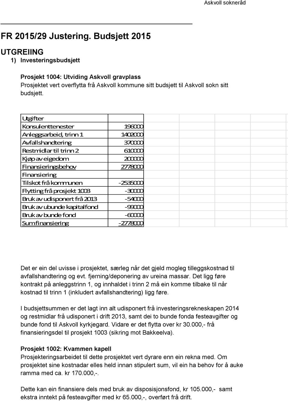 Det ligg føre kontrakt på anleggstrinn 1, og innhaldet i trinn 2 må ein komme tilbake til når kostnad til trinn 1 (inkludert avfallshandtering) ligg føre.