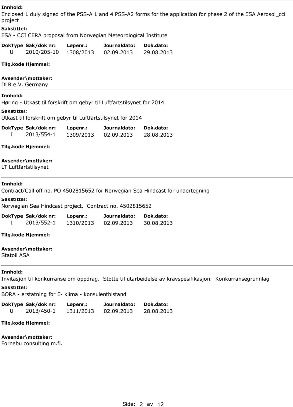 PO 4502815652 for Norwegian Sea Hindcast for undertegning Norwegian Sea Hindcast project. Contract no. 4502815652 2013/552-1 1310/2013 30.08.2013 Statoil ASA nvitasjon til konkurranse om oppdrag.