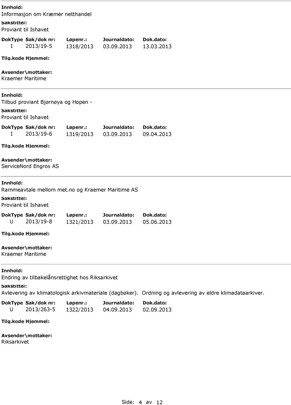 2013 ServiceNord Engros AS Rammeavtale mellom met.no og Kraemer Maritime AS Proviant til shavet 2013/19-8 1321/2013 05.06.