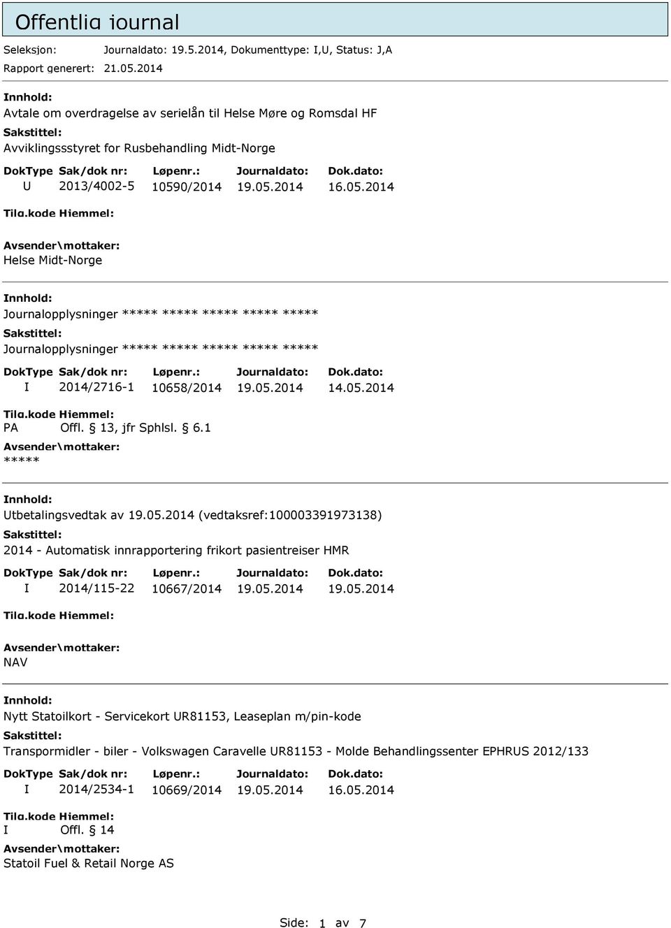 Journalopplysninger Journalopplysninger 2014/2716-1 10658/2014 14.05.