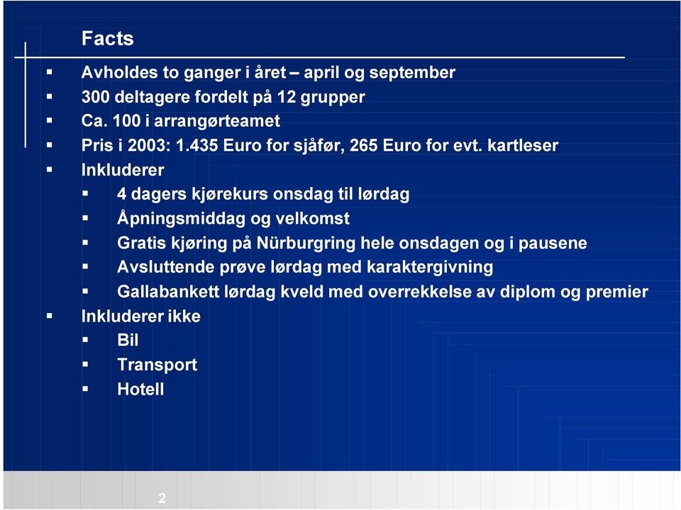 kartleser Inkluderer 4 dagers kjørekurs onsdag til lørdag Åpningsmiddag og velkomst Gratis kjøring på Nürburgring