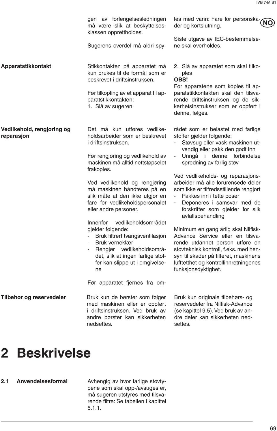 Før tilkopling av et apparat til apparatstikkontakten:. Slå av sugeren. Slå av apparatet som skal tilkoples OBS!