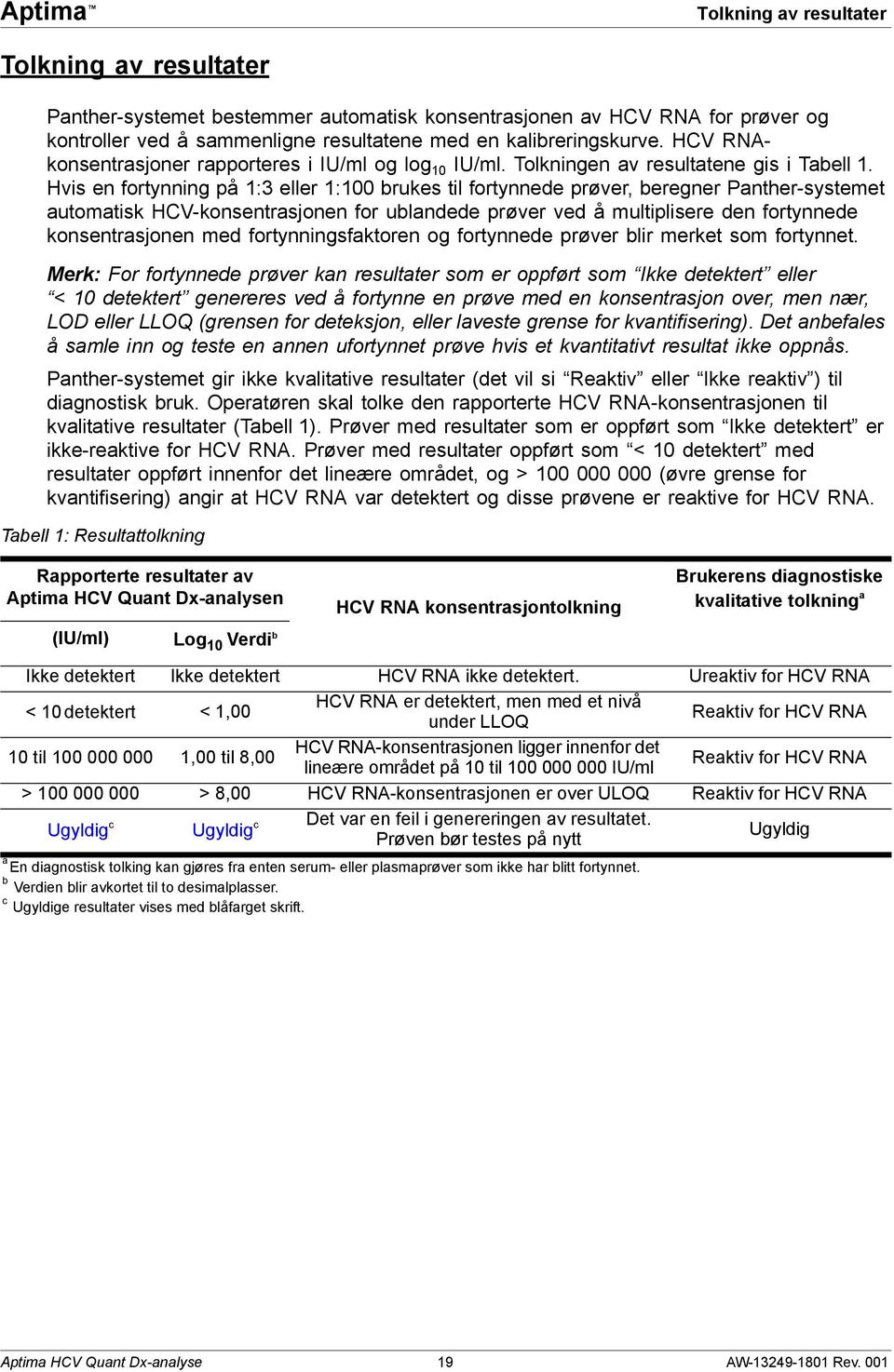 Hvis en fortynning på 1:3 eller 1:100 brukes til fortynnede prøver, beregner Panther-systemet automatisk HCV-konsentrasjonen for ublandede prøver ved å multiplisere den fortynnede konsentrasjonen med