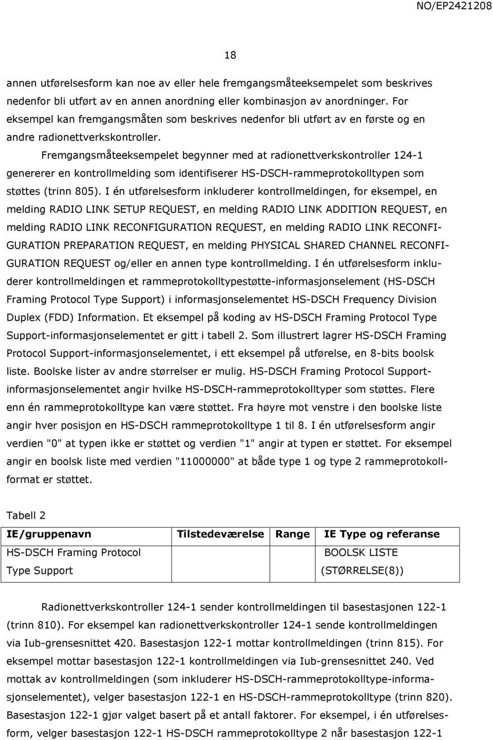 Fremgangsmåteeksempelet begynner med at radionettverkskontroller 124-1 genererer en kontrollmelding som identifiserer HS-DSCH-rammeprotokolltypen som støttes (trinn 805).