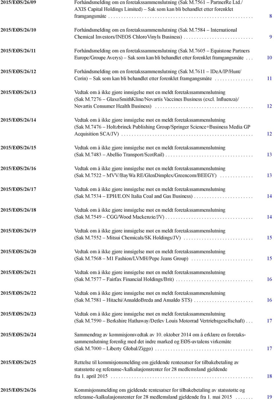 / AXIS Capital Holdings Limited) Sak som kan bli behandlet etter forenklet framgangsmåte... 8 Forhåndsmelding om en foretakssammenslutning (Sak M.