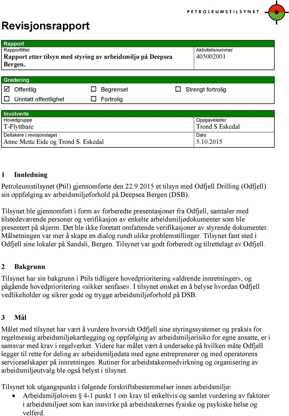 Anne Mette Eide og Trond S. Eskedal 5.10.2015 Dato 1 Innledning Petroleumstilsynet (Ptil) gjennomførte den 22.9.