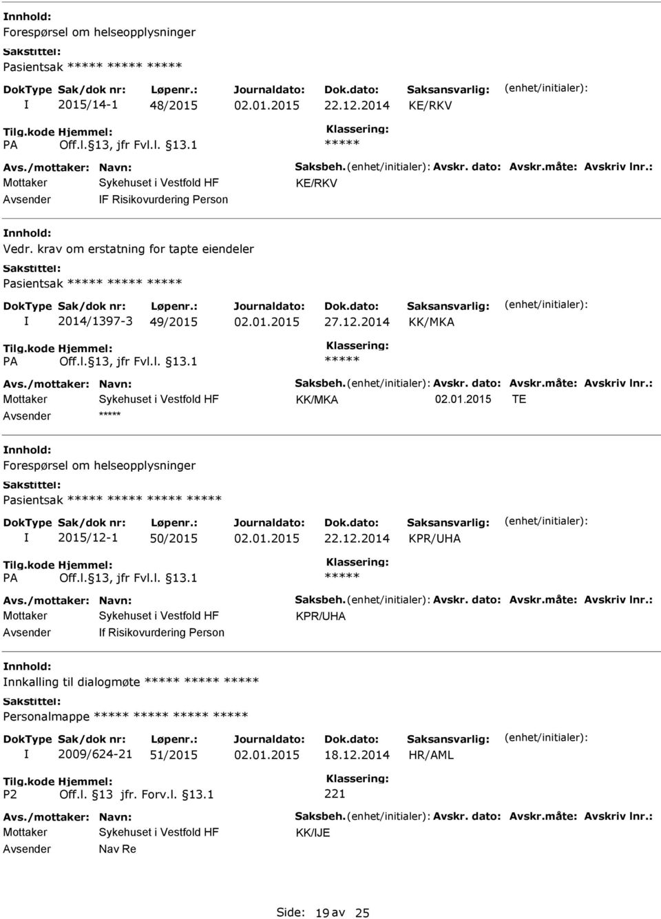 dato: Avskr.måte: Avskriv lnr.: KK/MKA TE Forespørsel om helseopplysninger Pasientsak 2015/12-1 50/2015 KPR/HA Avs./mottaker: Navn: Saksbeh. Avskr. dato: Avskr.