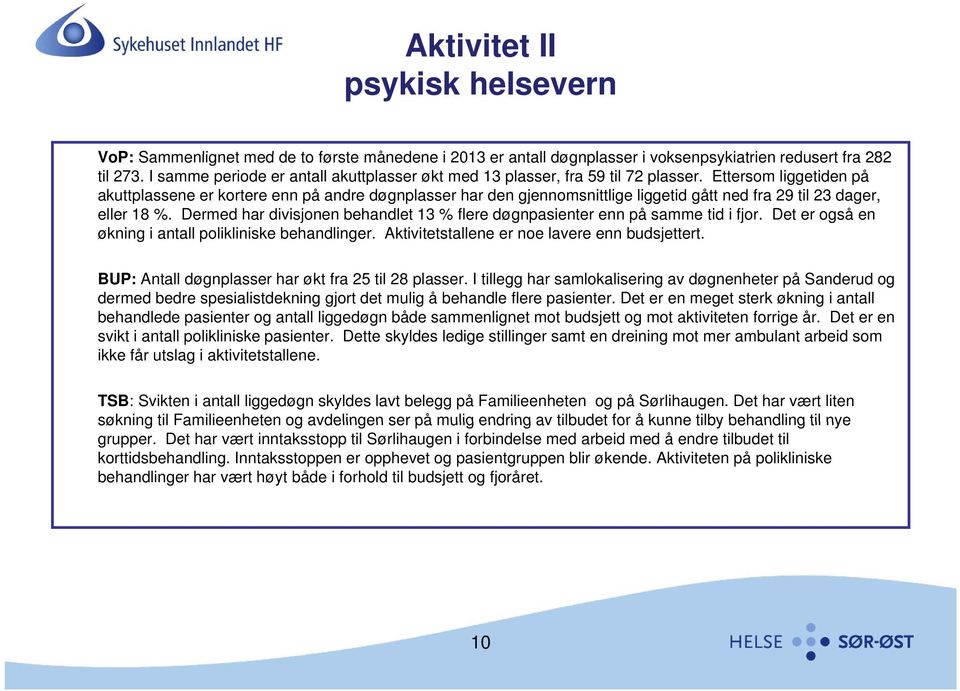 Ettersom liggetiden på akuttplassene er kortere enn på andre døgnplasser har den gjennomsnittlige liggetid gått ned fra 29 til 23 dager, eller 18 %.