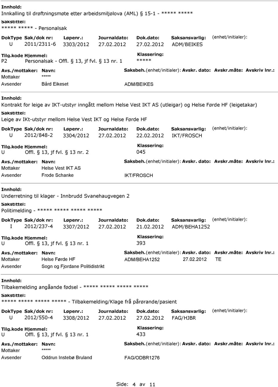 13, jf fvl. 13 nr. 2 045 Mottaker Helse Vest KT AS Frode Schanke KT/FROSCH nderretning til klager - nnbrudd Svanehaugvegen 2 olitimelding - ***** ***** ***** ***** 2012/237-4 3307/2012 21.02.