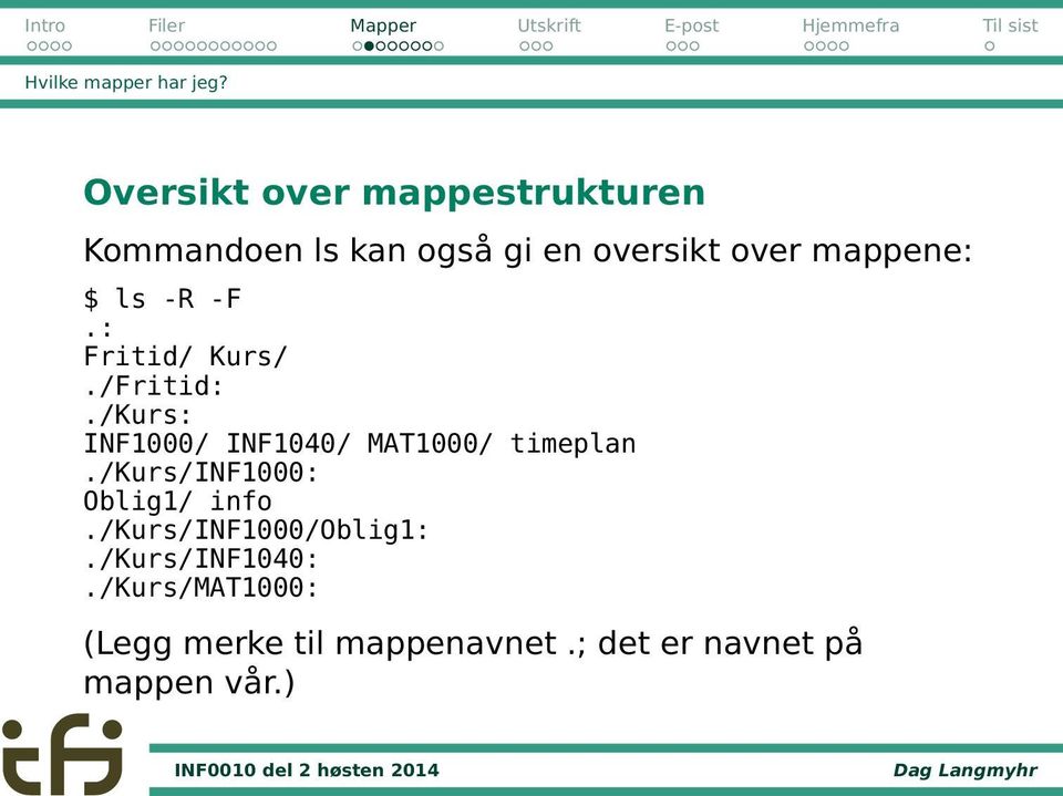 mappene: $ ls -R -F.: Fritid/ Kurs/./Fritid:.