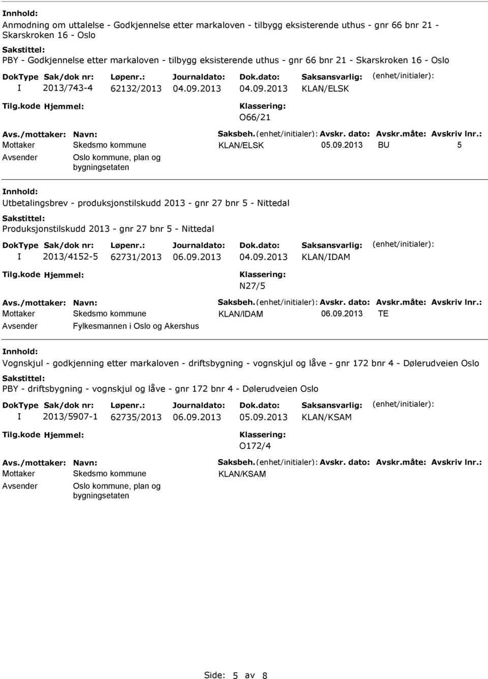 Produksjonstilskudd 2013 - gnr 27 bnr 5 - Nittedal 2013/4152-5 62731/2013 KLAN/DAM N27/5 KLAN/DAM TE Fylkesmannen i Oslo og Akershus Vognskjul - godkjenning etter markaloven -