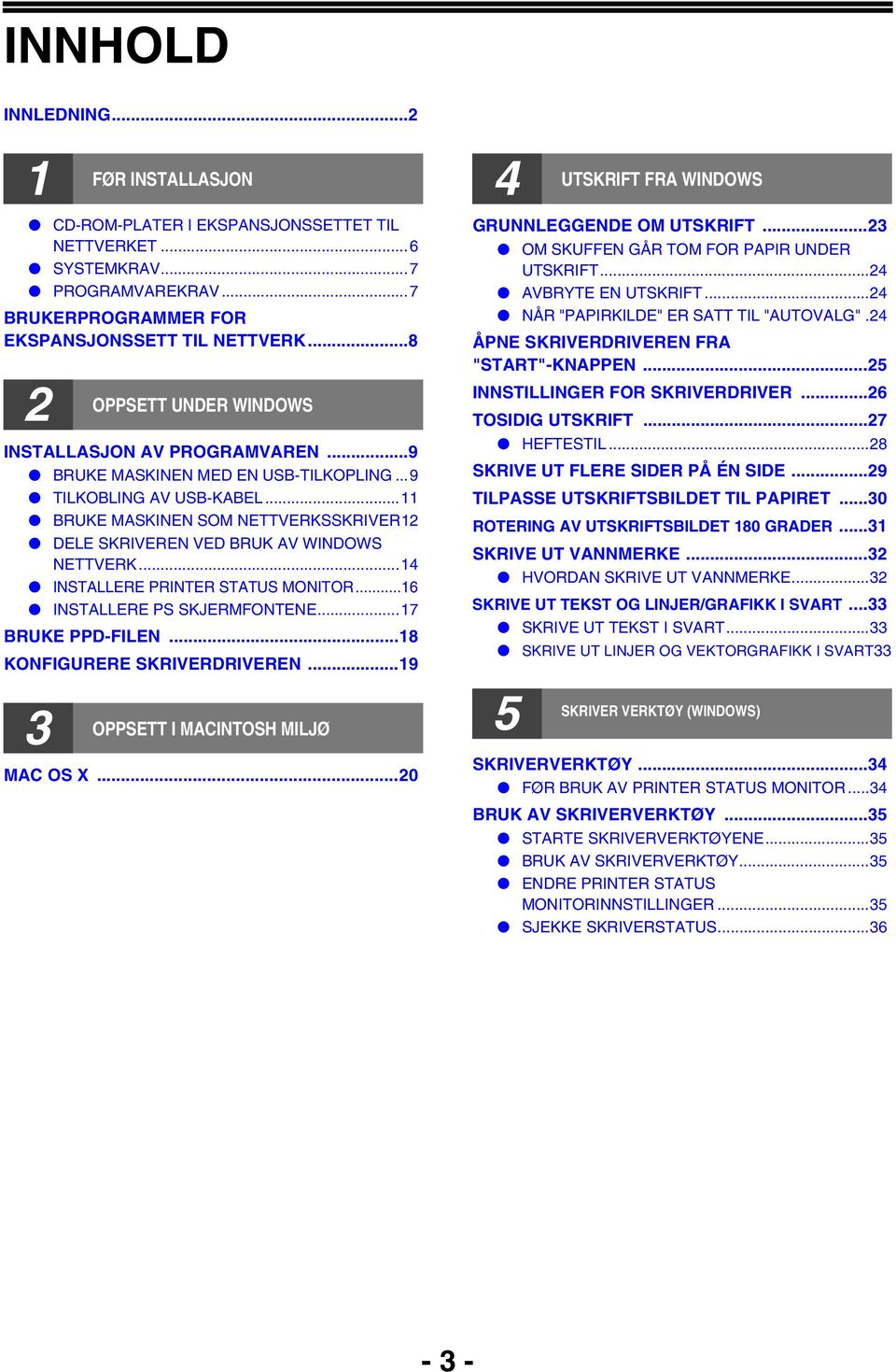 .. BRUKE MASKINEN SOM NETTVERKSSKRIVER DELE SKRIVEREN VED BRUK AV WINDOWS NETTVERK...4 INSTALLERE PRINTER STATUS MONITOR...6 INSTALLERE PS SKJERMFONTENE...7 BRUKE PPD-FILEN.