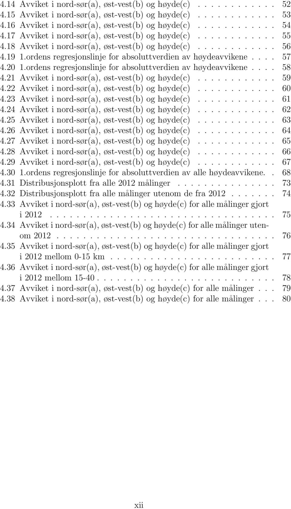 ... 57 4.20 1.ordens regresjonslinje for absoluttverdien av høydeavvikene.... 58 4.21 Avviket i nord-sør(a), øst-vest(b) og høyde(c)............ 59 4.22 Avviket i nord-sør(a), øst-vest(b) og høyde(c).