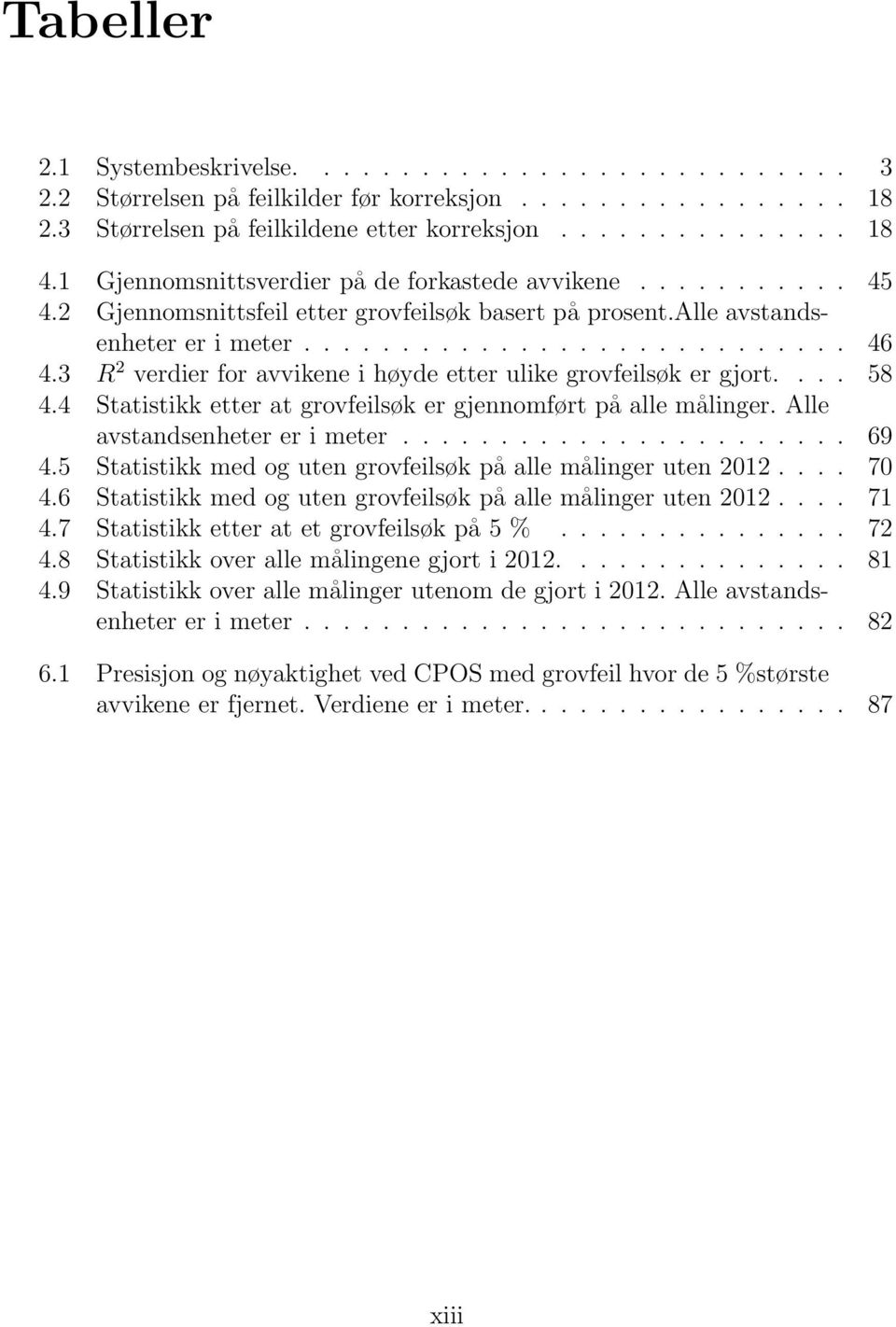 3 R 2 verdier for avvikene i høyde etter ulike grovfeilsøk er gjort.... 58 4.4 Statistikk etter at grovfeilsøk er gjennomført på alle målinger. Alle avstandsenheter er i meter....................... 69 4.