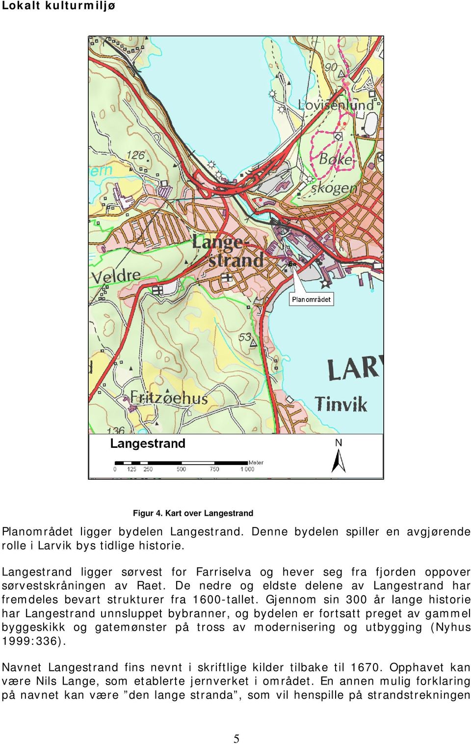 Gjennom sin 300 år lange historie har Langestrand unnsluppet bybranner, og bydelen er fortsatt preget av gammel byggeskikk og gatemønster på tross av modernisering og utbygging (Nyhus 1999:336).