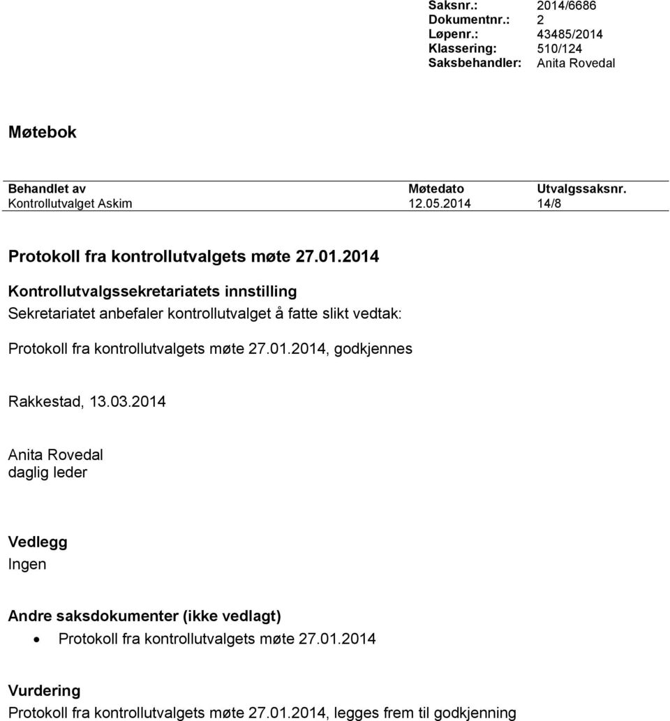 14/8 Protokoll fra kontrollutvalgets møte 27.01.