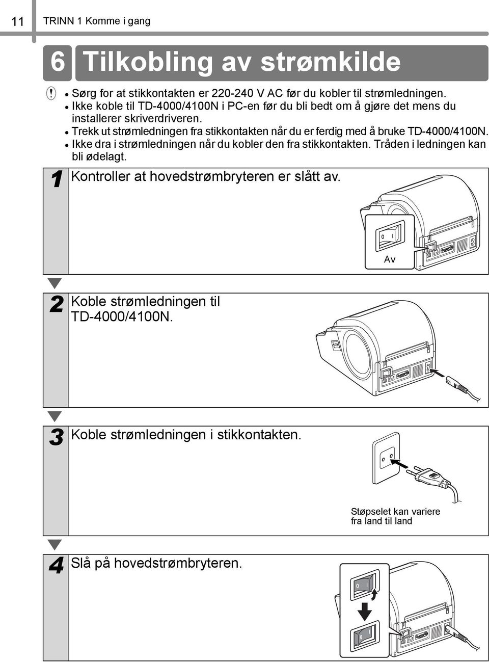 Trekk ut strømledningen fra stikkontakten når du er ferdig med å bruke TD-4000/400N. Ikke dra i strømledningen når du kobler den fra stikkontakten.