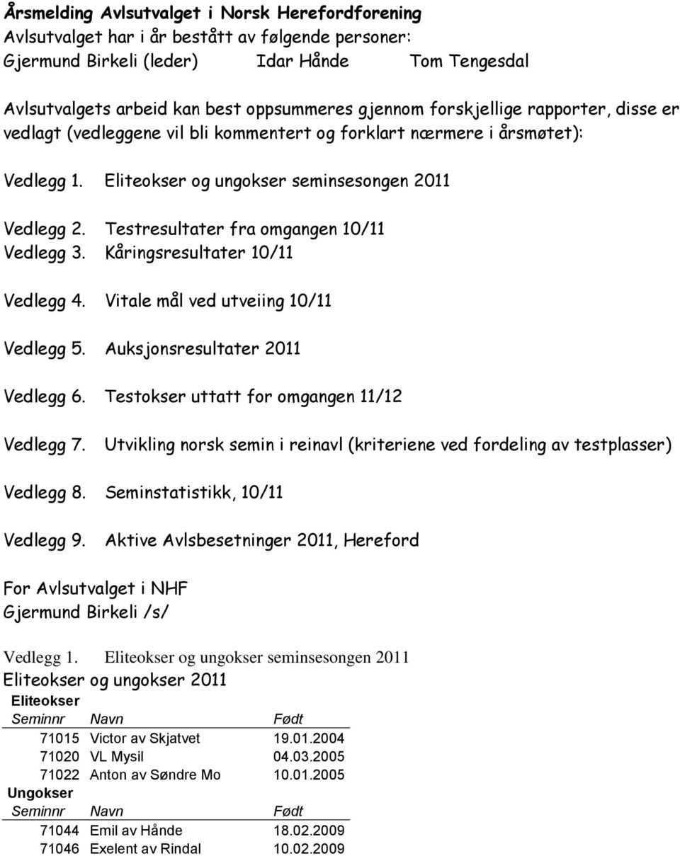 Testresultater fra omgangen 10/11 Vedlegg 3. Kåringsresultater 10/11 Vedlegg 4. Vitale mål ved utveiing 10/11 Vedlegg 5. Auksjonsresultater 2011 Vedlegg 6.