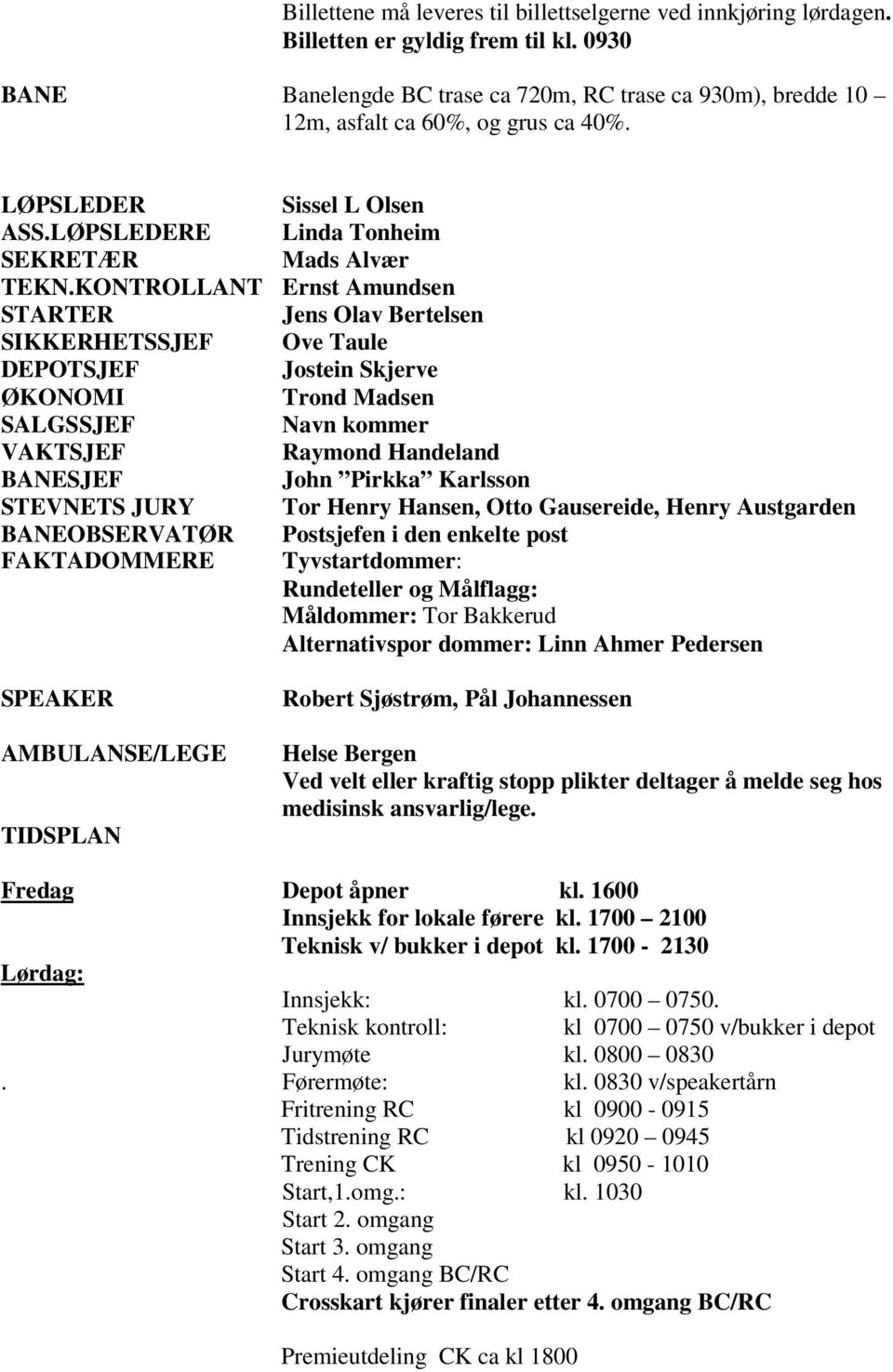 KONTROLLANT Ernst Amundsen STARTER Jens Olav Bertelsen SIKKERHETSSJEF Ove Taule DEPOTSJEF Jostein Skjerve ØKONOMI Trond Madsen SALGSSJEF Navn kommer VAKTSJEF Raymond Handeland BANESJEF John Pirkka