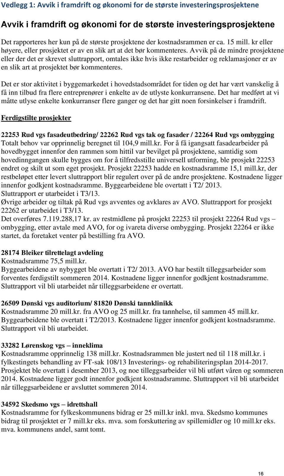 Avvik på de mindre prosjektene eller der det er skrevet sluttrapport, omtales ikke hvis ikke restarbeider og reklamasjoner er av en slik art at prosjektet bør kommenteres.