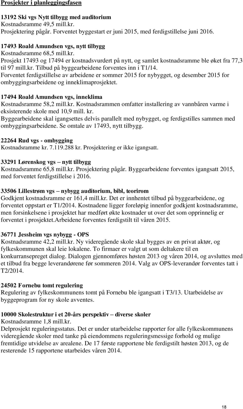 Forventet ferdigstillelse av arbeidene er sommer 2015 for nybygget, og desember 2015 for ombyggingsarbeidene og inneklimaprosjektet. 17494 Roald Amundsen vgs, inneklima Kostnadsramme 58,2 mill.kr.