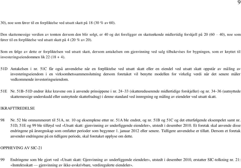 av 20). Som en følge av dette er forpliktelsen ved utsatt skatt, dersom antakelsen om gjenvinning ved salg tilbakevises for bygningen, som er knyttet til investeringseiendommen lik 22 (18 + 4).