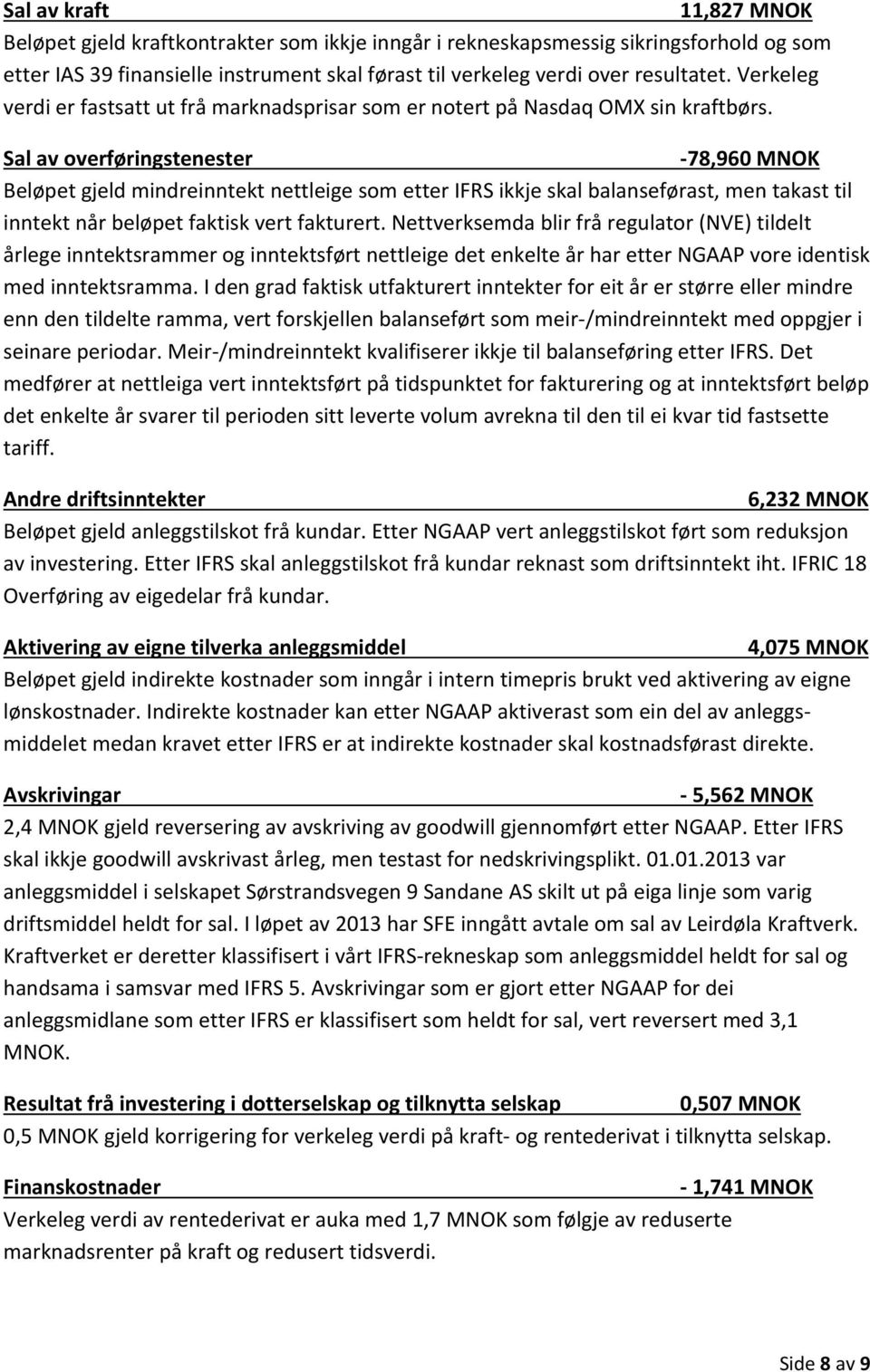 Sal av overføringstenester 78,960 MNOK Beløpet gjeld mindreinntekt nettleige som etter IFRS ikkje skal balanseførast, men takast til inntekt når beløpet faktisk vert fakturert.