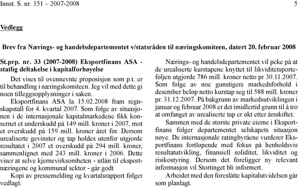 Som følge av situasjonen i de internasjonale kapitalmarkedene fikk konsernet et underskudd på 149 mill. kroner i 2007, mot et overskudd på 159 mill. kroner året før.