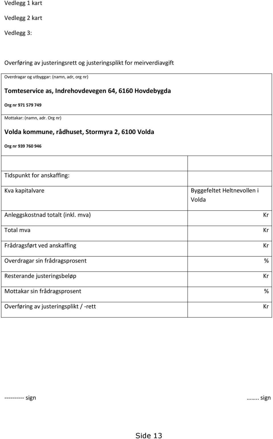 Org nr) Volda kommune, rådhuset, Stormyra 2, 6100 Volda Org nr 939 760 946 Tidspunkt for anskaffing: Kva kapitalvare Byggefeltet Heltnevollen i Volda