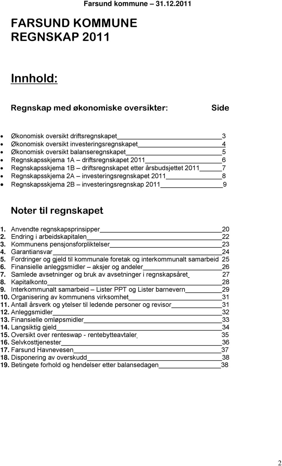driftsregnskapet 2011 6 Regnskapsskjema 1B driftsregnskapet etter årsbudsjettet 2011 7 Regnskapsskjema 2A investeringsregnskapet 2011 8 Regnskapsskjema 2B investeringsregnskap 2011 9 Noter til