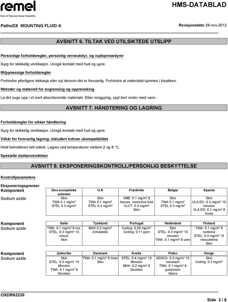 Metoder og materiell for avgrensing og opprensking La det suge opp i et inert absorberende materiale. Etter rengjųring, spyl bort rester med vann. AVSNITT 7.