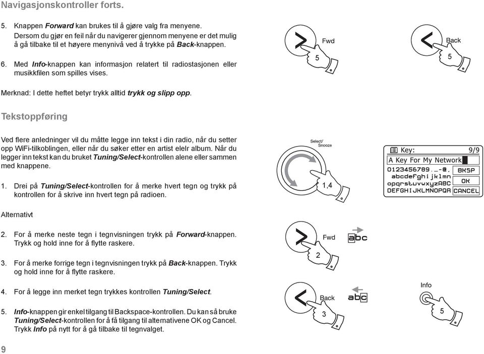 Med Info-knappen kan informasjon relatert til radiostasjonen eller musikkfilen som spilles vises. 5 5 Merknad: I dette heftet betyr trykk alltid trykk og slipp opp.