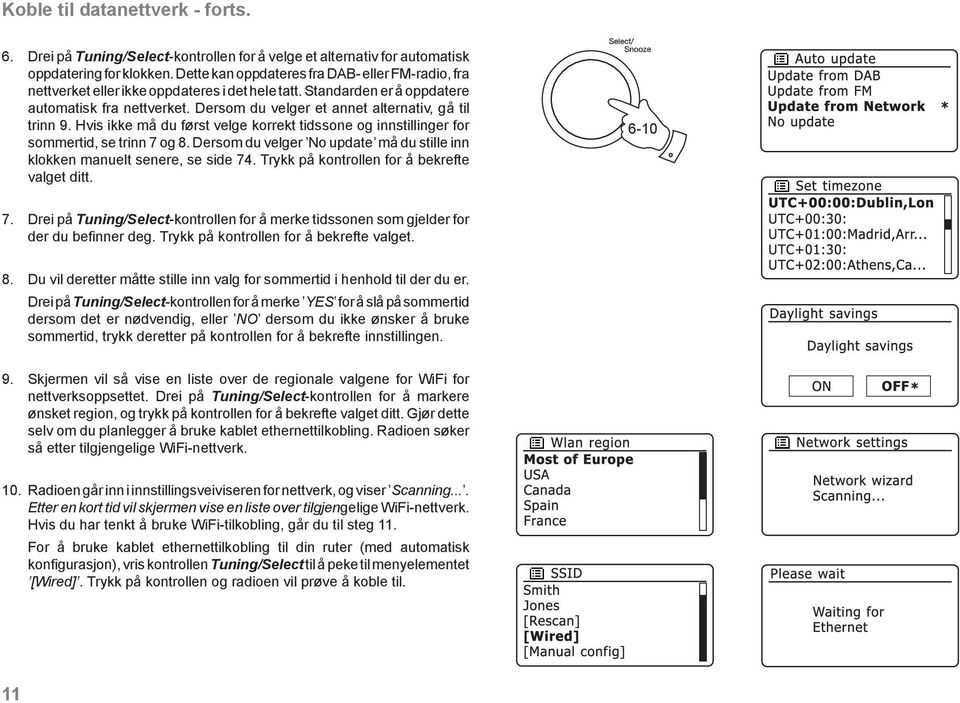 Dersom du velger et annet alternativ, gå til trinn 9. Hvis ikke må du først velge korrekt tidssone og innstillinger for sommertid, se trinn 7 og 8.