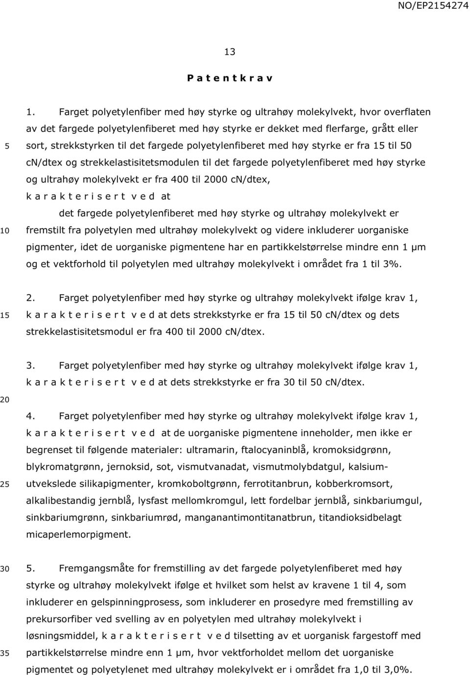 polyetylenfiberet med høy styrke er fra 1 til 0 cn/dtex og strekkelastisitetsmodulen til det fargede polyetylenfiberet med høy styrke og ultrahøy molekylvekt er fra 400 til 00 cn/dtex, k a r a k t e