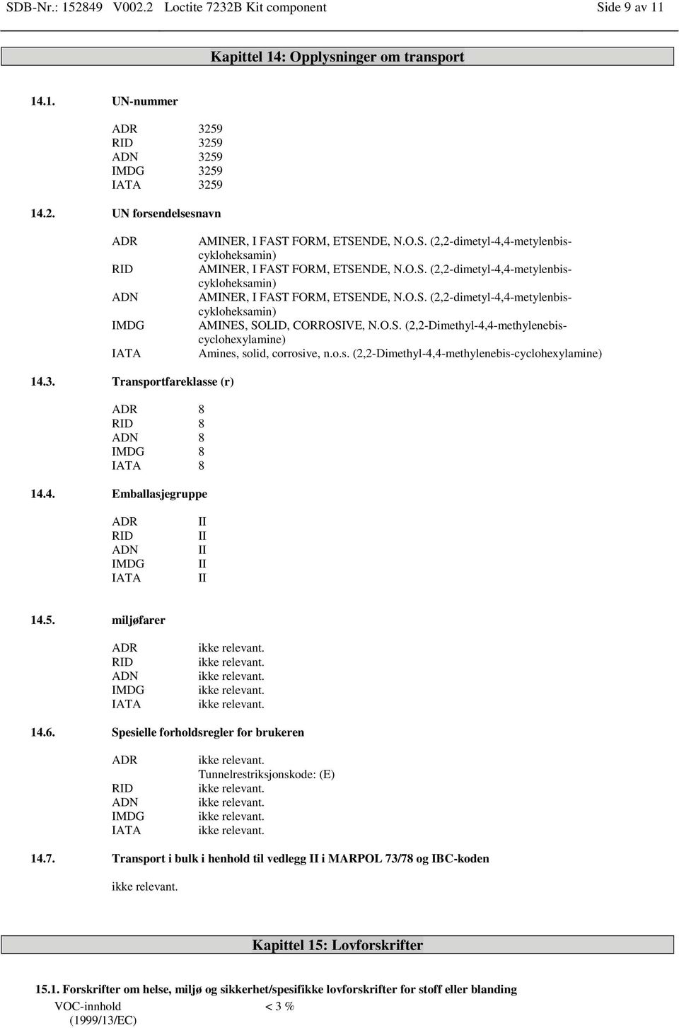 O.S. (2,2-Dimethyl-methylenebiscyclohexylamine) Amines, solid, corrosive, n.o.s. (2,2-Dimethyl-methylenebis-cyclohexylamine) 14.3. Transportfareklasse (r) ADR 8 RID 8 ADN 8 IMDG 8 IATA 8 14.4. Emballasjegruppe ADR RID ADN IMDG IATA II II II II II 14.