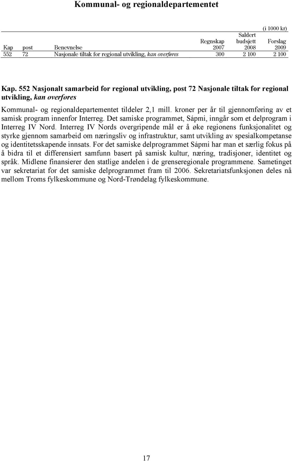 kroner per år til gjennomføring av et samisk program innenfor Interreg. Det samiske programmet, Sápmi, inngår som et delprogram i Interreg IV Nord.