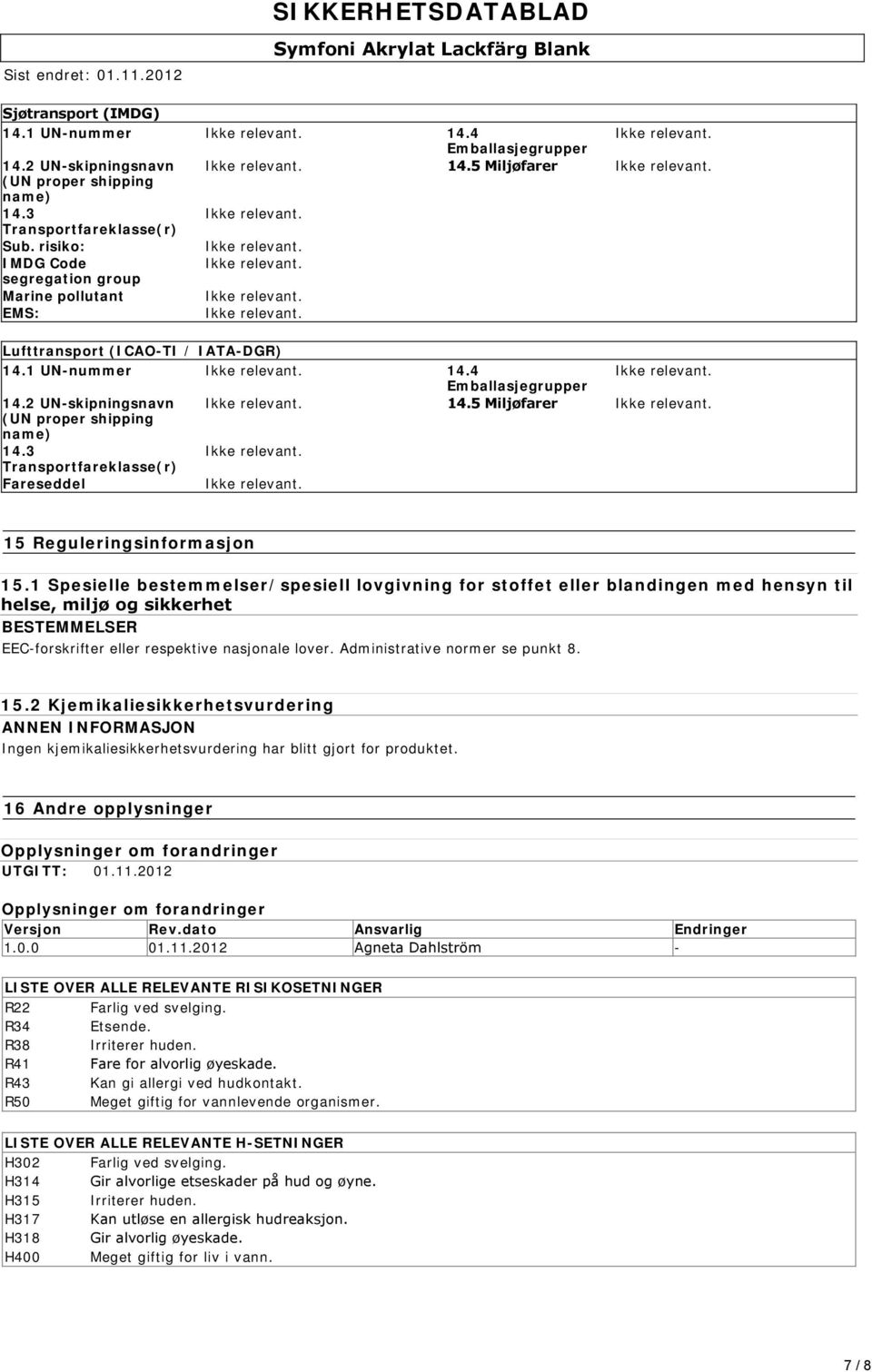 3 Transportfareklasse(r) Fareseddel 15 Reguleringsinformasjon 15.