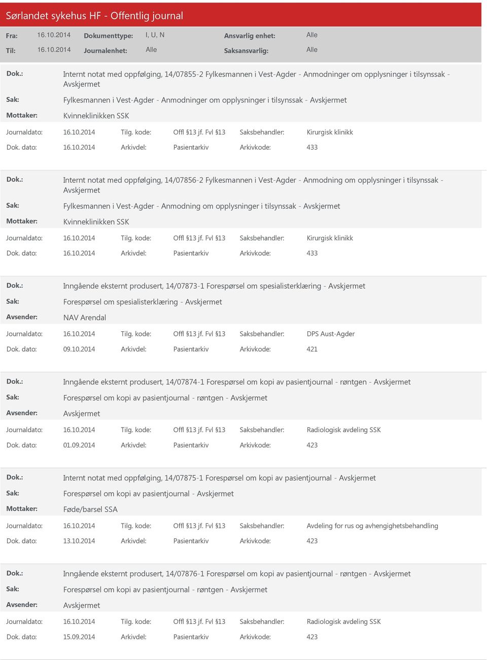 dato: Arkivdel: Pasientarkiv Arkivkode: 433 Internt notat med oppfølging, 14/07856-2 Fylkesmannen i Vest-Agder - Anmodning om opplysninger i tilsynssak - Fylkesmannen i Vest-Agder - Anmodning om