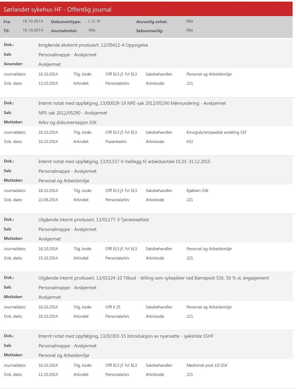 dato: Arkivdel: Pasientarkiv Arkivkode: 432 Internt notat med oppfølging, 13/01157-6 Vedlegg til arbeidsavtale 01.01-31.12.2015 Personalmappe - Kjøkken SSK Dok. dato: 22.09.