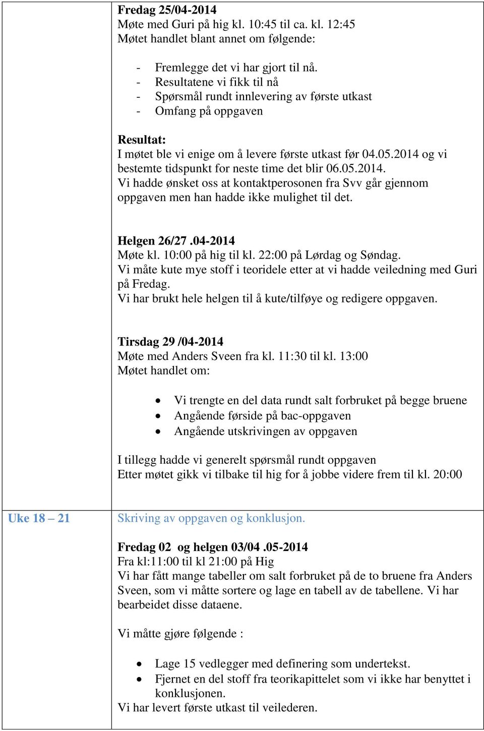 2014 og vi bestemte tidspunkt for neste time det blir 06.05.2014. Vi hadde ønsket oss at kontaktperosonen fra Svv går gjennom oppgaven men han hadde ikke mulighet til det. Helgen 26/27.