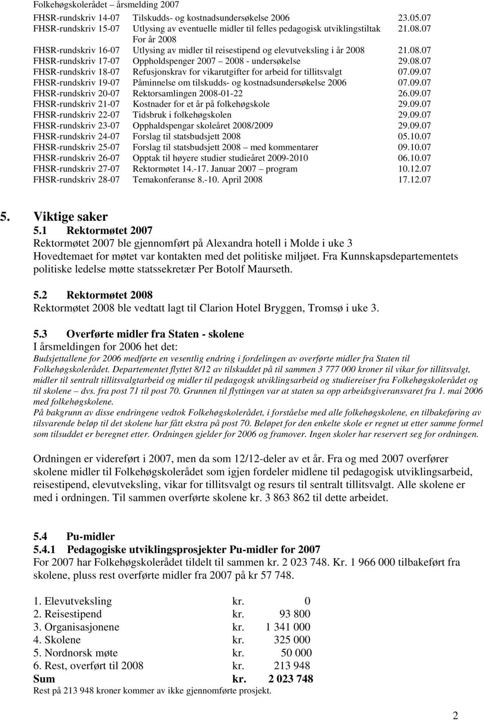 09.07 FHSR-rundskriv 19-07 Påminnelse om tilskudds- og kostnadsundersøkelse 2006 07.09.07 FHSR-rundskriv 20-07 Rektorsamlingen 2008-01-22 26.09.07 FHSR-rundskriv 21-07 Kostnader for et år på folkehøgskole 29.