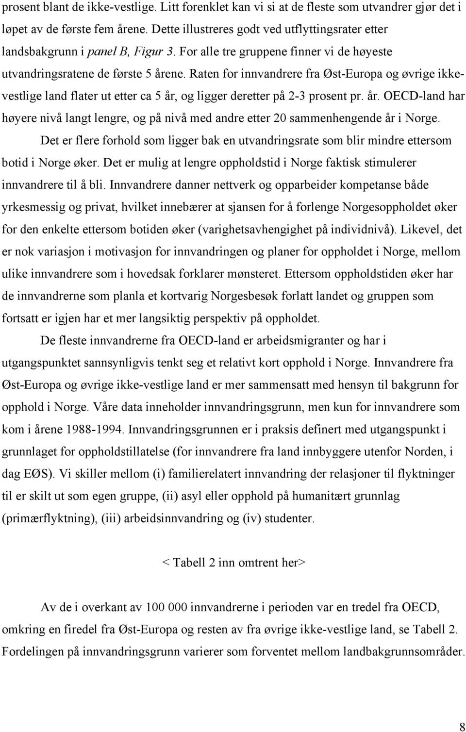 Raten for innvandrere fra Øst-Europa og øvrige ikkevestlige land flater ut etter ca 5 år, og ligger deretter på 2-3 prosent pr. år. OECD-land har høyere nivå langt lengre, og på nivå med andre etter 20 sammenhengende år i Norge.