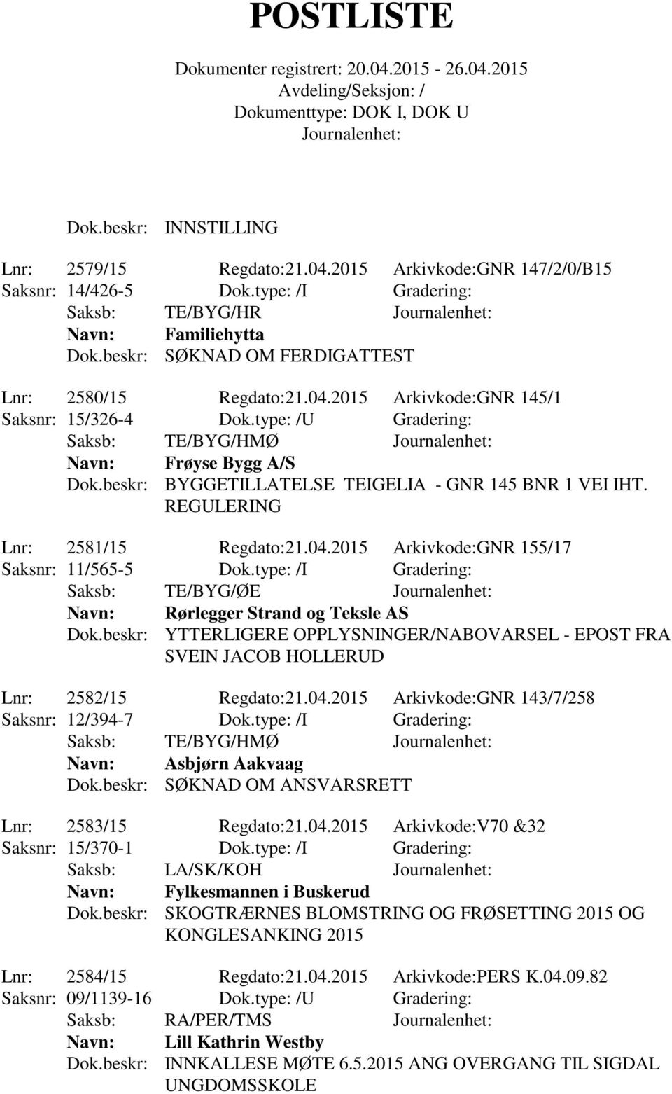 beskr: BYGGETILLATELSE TEIGELIA - GNR 145 BNR 1 VEI IHT. REGULERING Lnr: 2581/15 Regdato:21.04.2015 Arkivkode:GNR 155/17 Saksnr: 11/565-5 Dok.