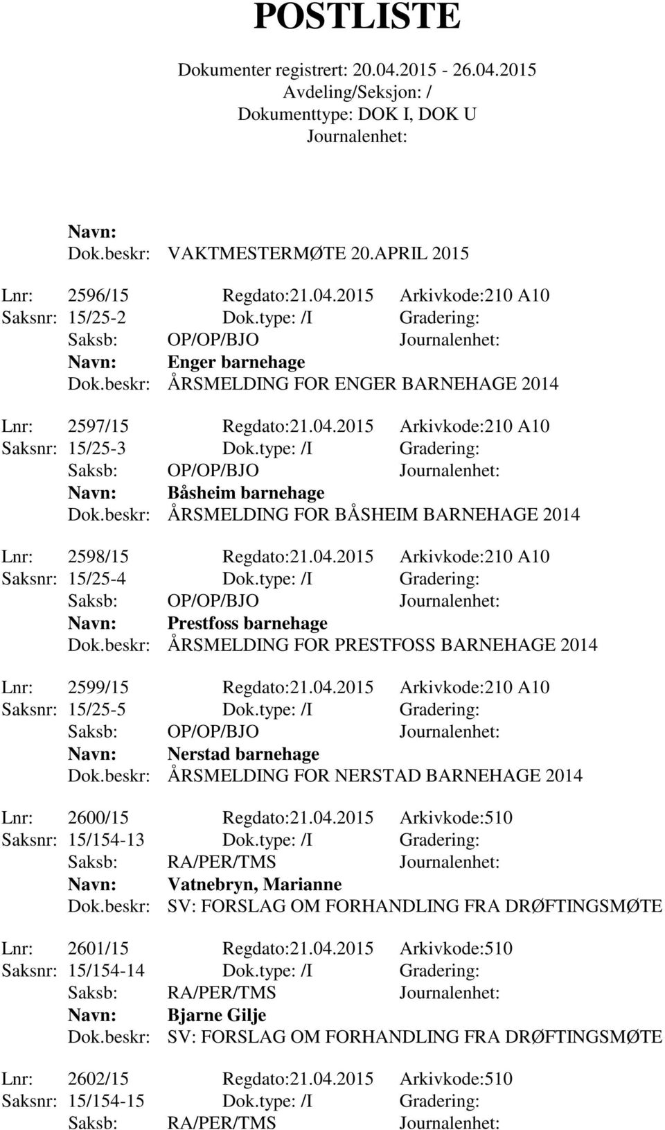 beskr: ÅRSMELDING FOR BÅSHEIM BARNEHAGE 2014 Lnr: 2598/15 Regdato:21.04.2015 Arkivkode:210 A10 Saksnr: 15/25-4 Dok.type: /I Gradering: Saksb: OP/OP/BJO Navn: Prestfoss barnehage Dok.