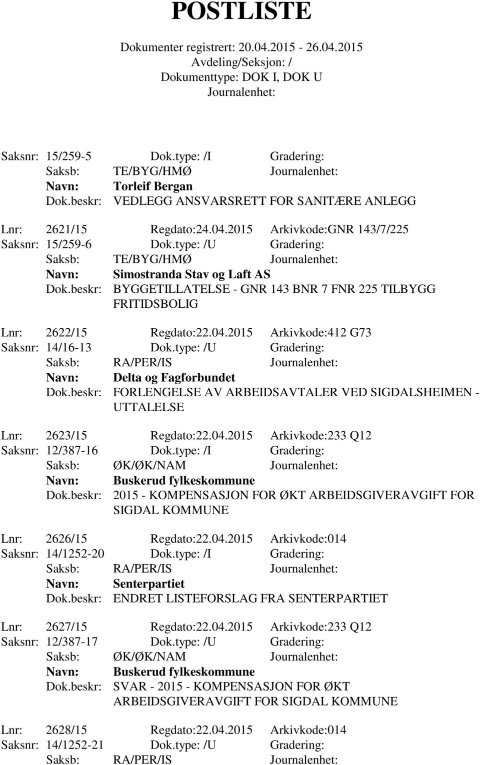 type: /U Gradering: Saksb: RA/PER/IS Navn: Delta og Fagforbundet Dok.beskr: FORLENGELSE AV ARBEIDSAVTALER VED SIGDALSHEIMEN - UTTALELSE Lnr: 2623/15 Regdato:22.04.