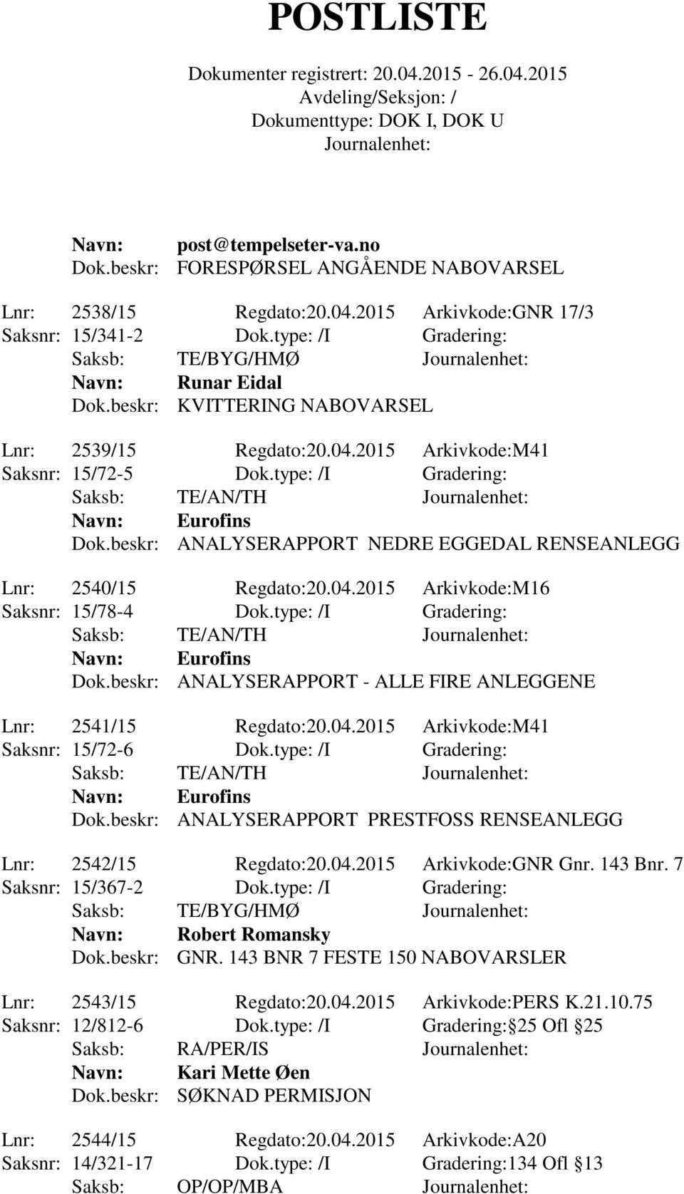 beskr: ANALYSERAPPORT NEDRE EGGEDAL RENSEANLEGG Lnr: 2540/15 Regdato:20.04.2015 Arkivkode:M16 Saksnr: 15/78-4 Dok.type: /I Gradering: Saksb: TE/AN/TH Navn: Eurofins Dok.