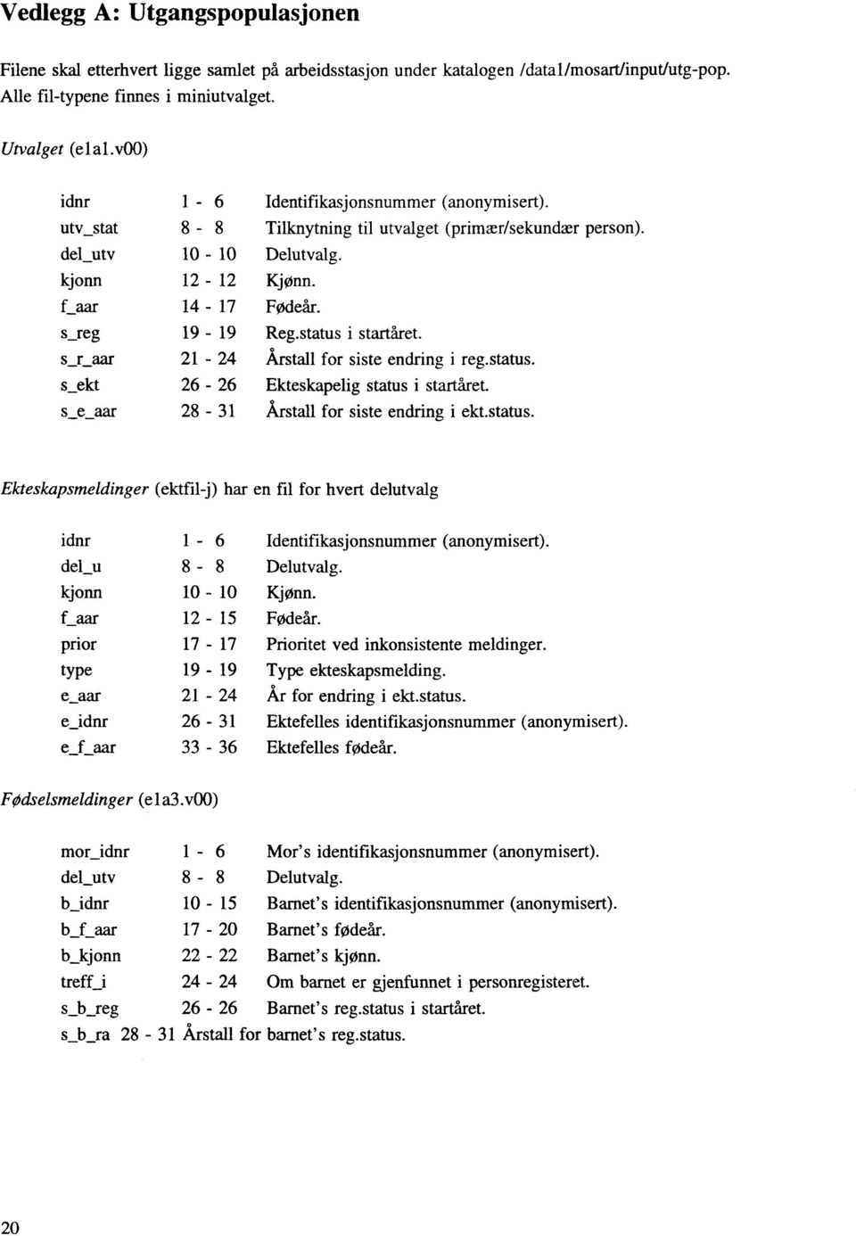 status i startåret. s_r_aar 21-24 Årstall for siste endring i reg.status. sekt 26-26 Ekteskapelig status i startåret. s_e_aar 28-31 Årstall for siste endring i ekt.status. Ekteskapsmeldinger (ektfil-j) har en fil for hvert delutvalg idnr 1-6 Identifikasjonsnummer (anonymisert).