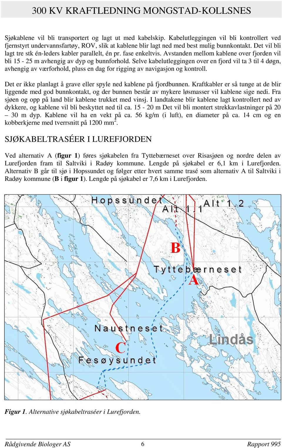 fase enkeltvis. Avstanden mellom kablene over fjorden vil bli 15-25 m avhengig av dyp og bunnforhold.
