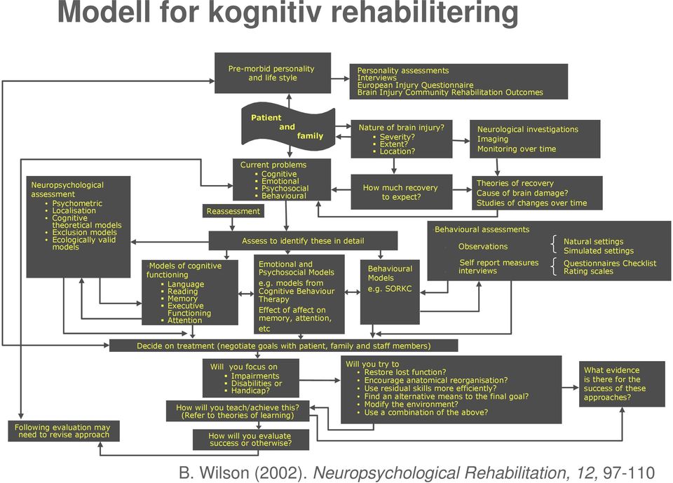 Functioning Attention Reassessment Patient and family Current problems Cognitive Emotional Psychosocial Behavioural Assess to identify these in detail Emotional and Psychosocial Models e.g. models from Cognitive Behaviour Therapy Effect of affect on memory, attention, etc Nature of brain injury?