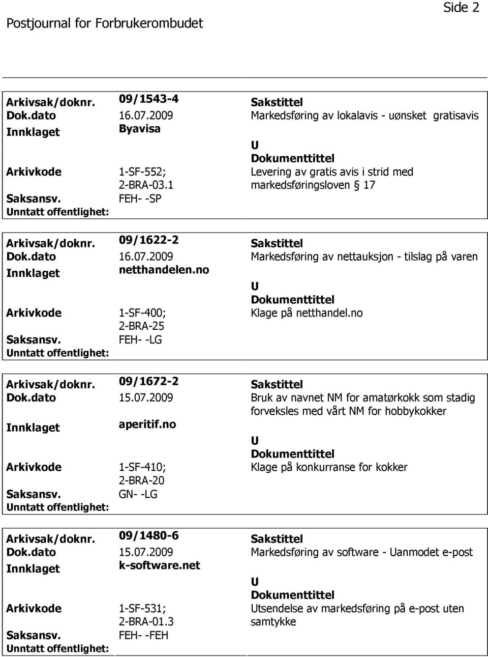 2009 Markedsføring av nettauksjon - tilslag på varen nnklaget netthandelen.no Arkivkode 1-SF-400; Klage på netthandel.no Saksansv. FEH- -LG Arkivsak/doknr. 09/1672-2 Sakstittel Dok.dato 15.07.